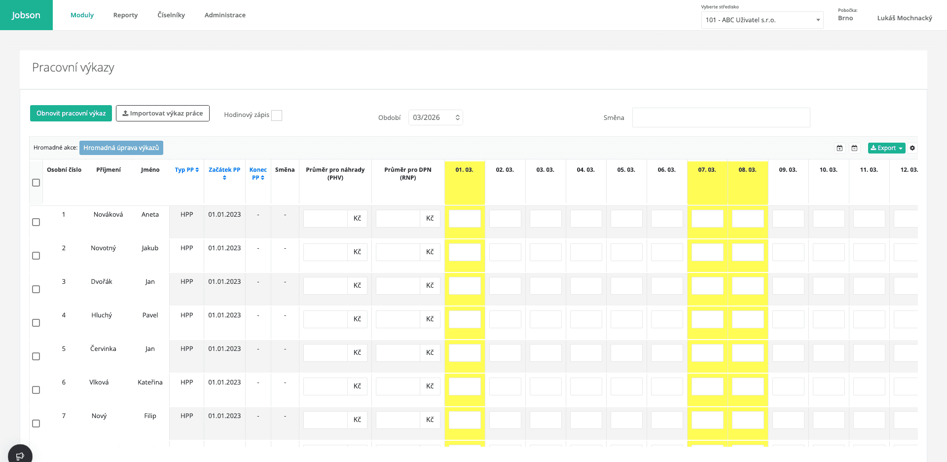 Pracovní výkazy v JOBSON – prázdná tabulka čeká na import