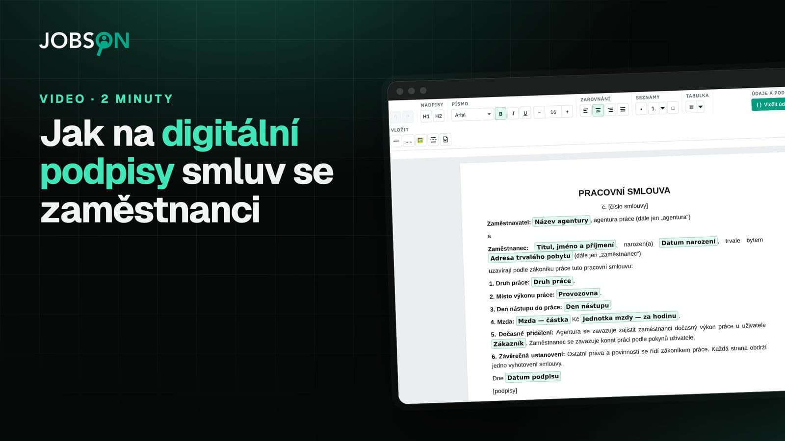 Náhled videa: šablona pracovní smlouvy z Wordu v editoru JOBSON s doplněnými údaji