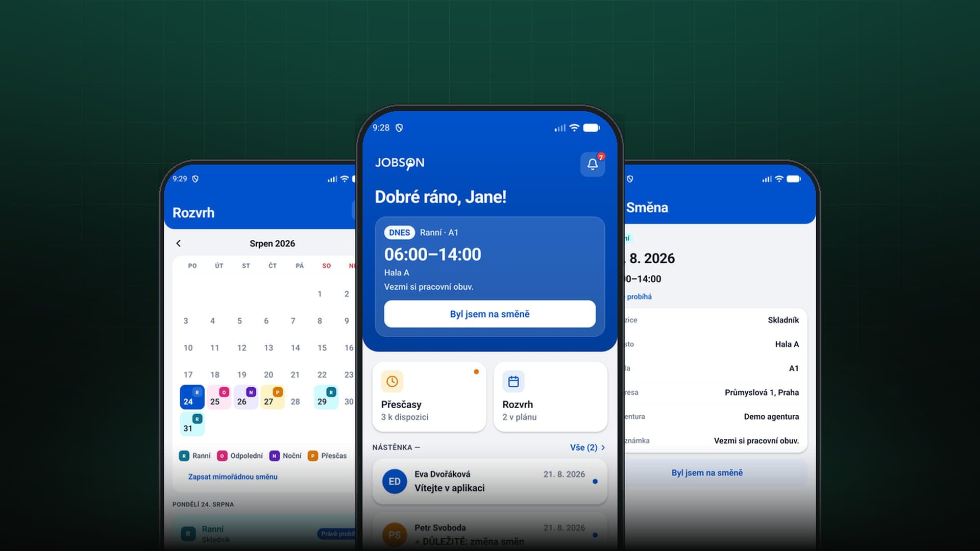 Mobilní aplikace JOBSON: rozvrh směn, úvodní obrazovka s dnešní směnou a oznámeními agentury, detail směny