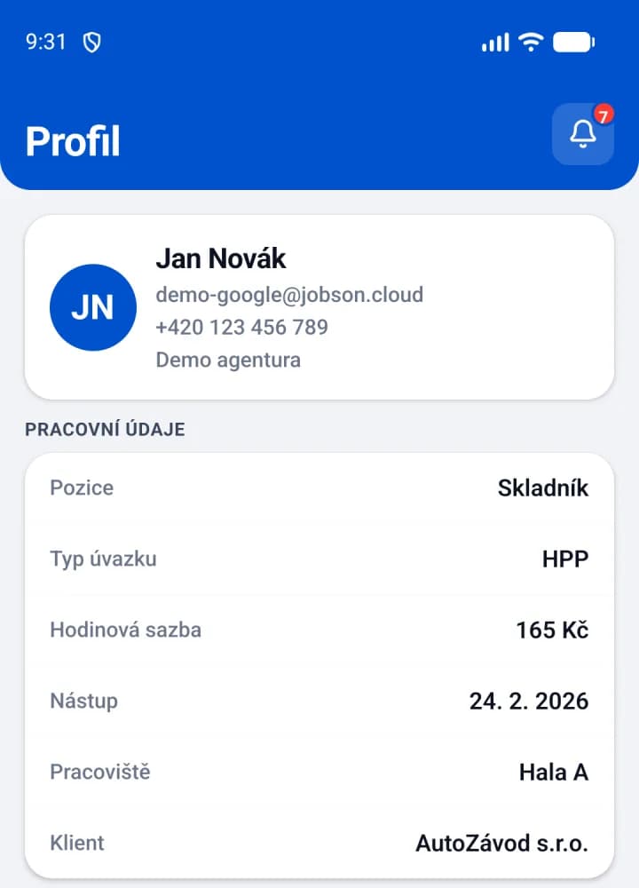 Profil in der Mitarbeiter-App von JOBSON: Name, Telefon, Agentur und Einsatzdaten aus JOBSON (Position, Art der Beschäftigung, Stundensatz, Eintritt, Arbeitsplatz und Kunde)