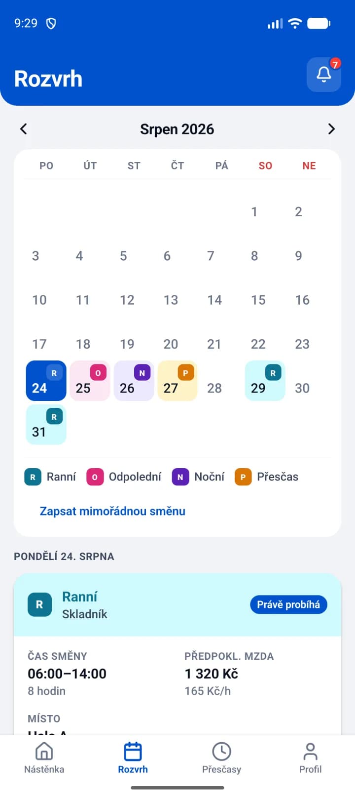 Schichtplan in der Mitarbeiter-App von JOBSON: Kalender mit Früh-, Spät- und Nachtschichten und einer Zusatzschicht im August, darunter die heutige Frühschicht im Detail